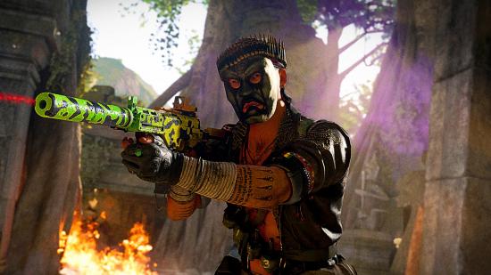 A Warzone player in a mask aiming a weapon