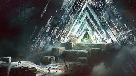 Concept art for the original Destiny Vault of Glass raid; triangular crystals form a tunnel in a cave