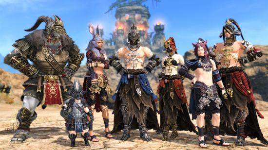 A group of FFXIV players stand in the desert