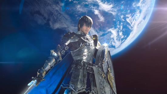 A knight standing on the moon with a planet in the background in Final Fantasy XIV Endwalker.