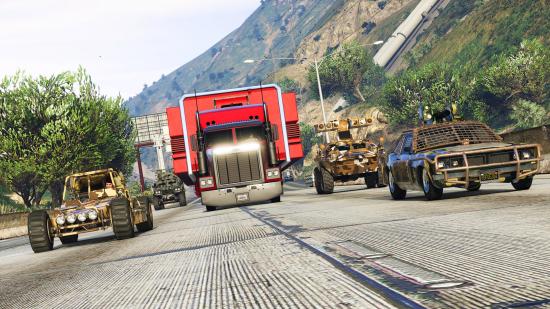 A trucker speeds down the motorway alongside some cars in GTA Online