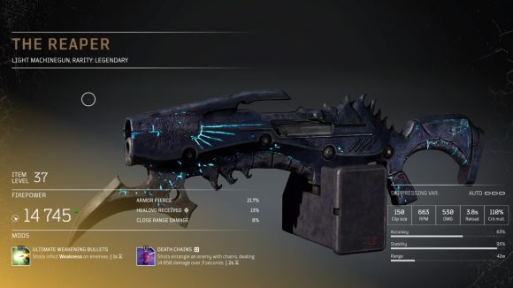Eine Outiders legendäre helle Maschinengewehre in dunkler Zinn mit leuchtenden blauen Linien und einer Klinge unter dem Lauf