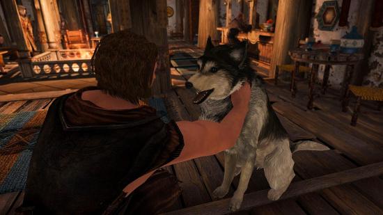 A Skyrim player pets the dog