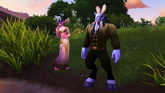 Two WoW characters dressed up for Noblegarden