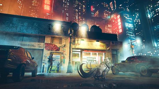 A monster looks out to a cyberpunk city in Laxidaze