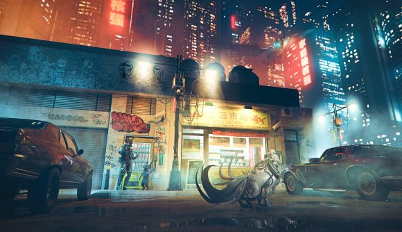 A monster looks out to a cyberpunk city in Laxidaze