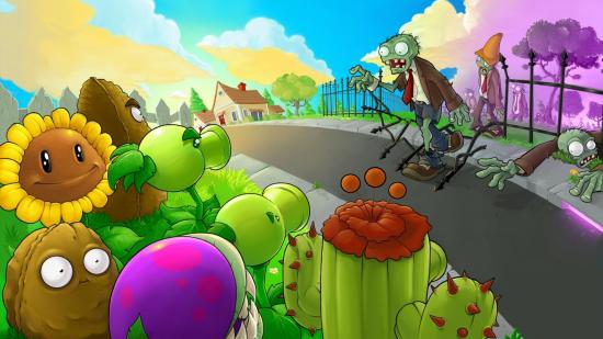 Best tower defense games: a horde of zombies cross the road toward a garden full of plants with faces