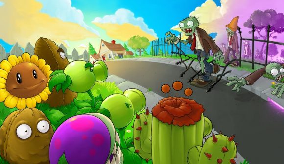 Best tower defense games: a horde of zombies cross the road toward a garden full of plants with faces