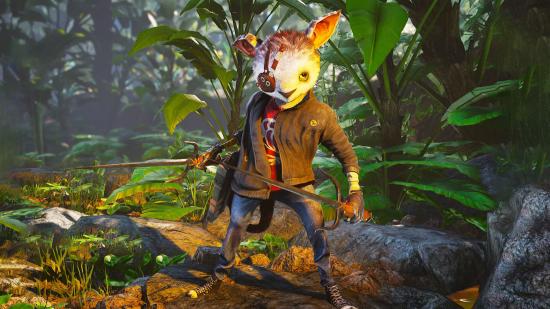The Saboteur class holding two melee weapons in Biomutant