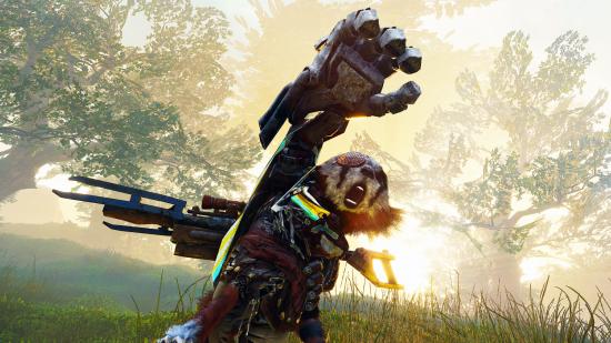 The furry character in Biomutant raising its gloved hand high