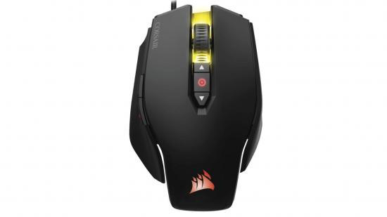 A black gaming mouse with red and yellow RGB lighting enabled
