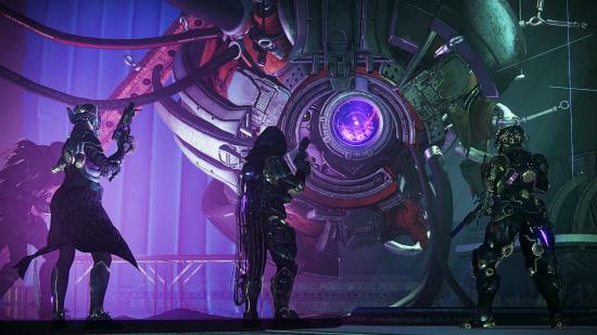 Three Destiny 2 players looking at a giant purple orb