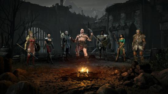 All seven Diablo 2 Resurrected classes by the camp fire. The barbarian is screaming.