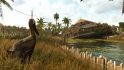 A restaurant sinks into an island swamp in Far Cry 6 as a local bird looks mournfully on