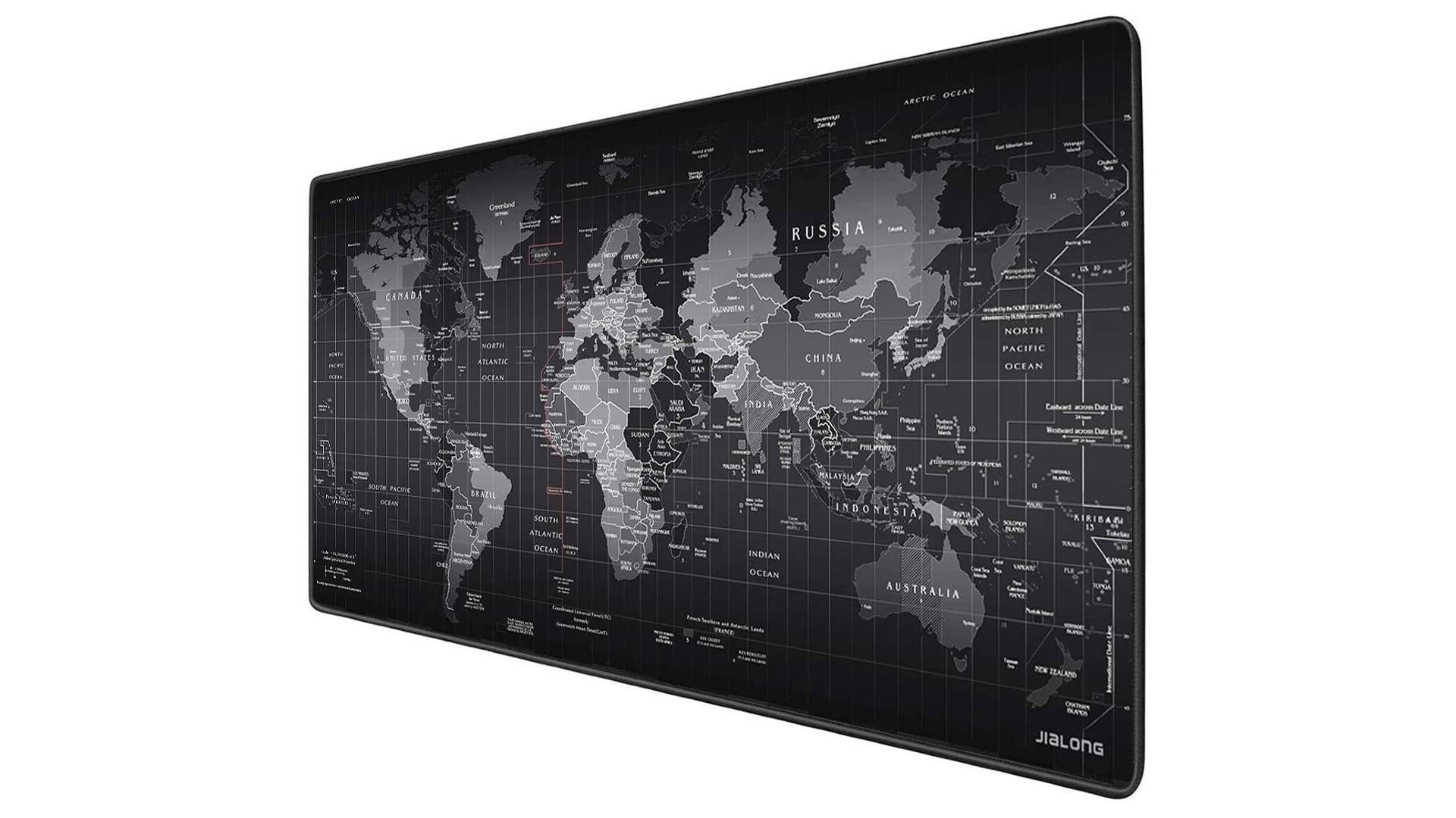 Jialong gaming mouse pad with world map printed in black and white on the surface of the mouse pad.