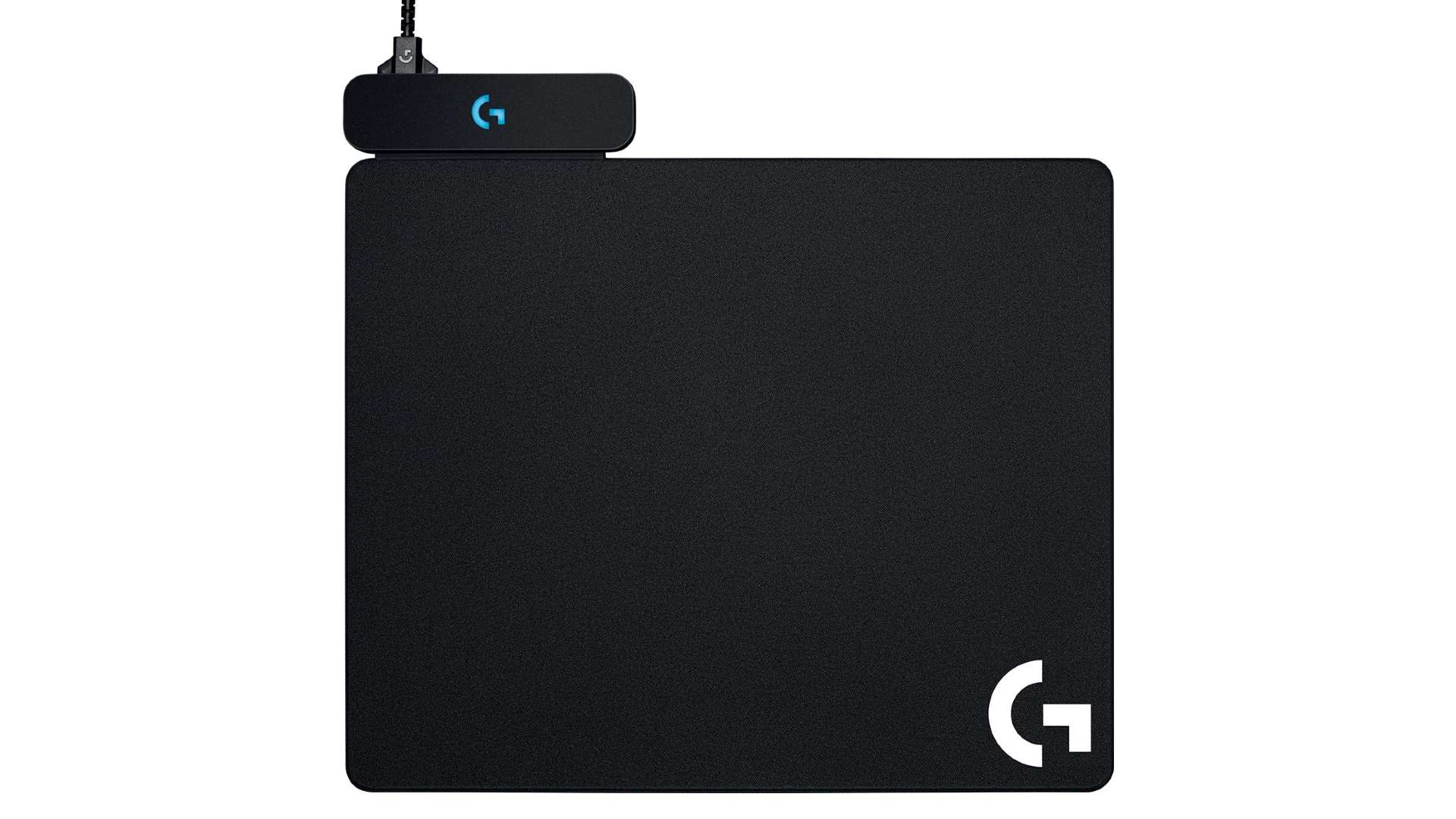 Black fabric mouse pad with wireless charging module in the top left