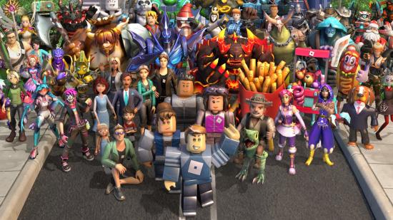 Several Roblox characters with varied skins assemble together