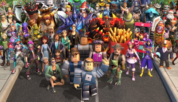 Roblox promo codes: Several Roblox characters with varied skins assemble together.