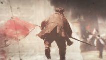 A young man carries a red flag as he runs in a piece of Victoria 3 promotional artwork styled like a sepia-toned, impressionistic painting.