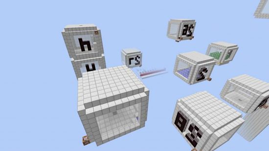 Best Minecraft maps - lots of blocks with letters and numbers suspended in the air in the 30 Ways to Die map.