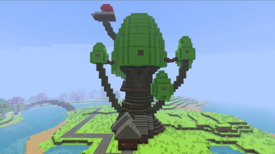 Najlepsze mapy Minecraft - Mapa czasu przygodowego pokazuje gigantyczny domek na drzewie pośrodku płaskich użytków zielonych
