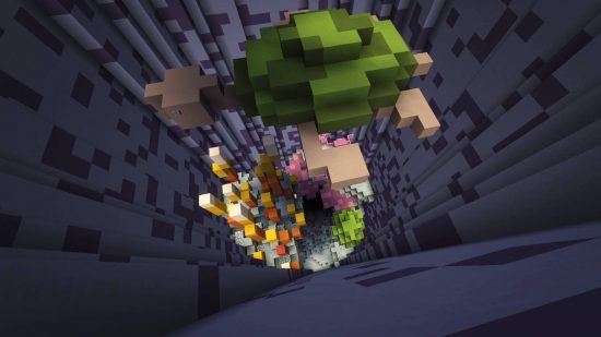 Best Minecraft maps - a tree made of blocks is an obstacle in the Anti Dropp3r map.