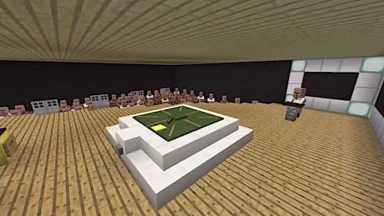 Best Minecraft maps - The Asleep map has a villager standing on a podium, while other villagers watch them talking about the structure in the middle of the room.