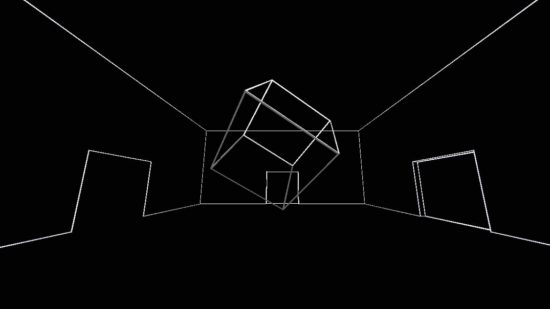 最高のMinecraftマップ - 戸口、壁、および知覚を超えた中心構造を構成する白い線がある黒い部屋。