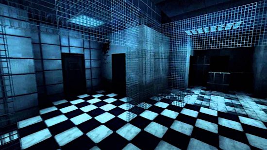 Best Minecraft maps - this room with a checkerboard floor in the Black Light map has steel barriers blocking the way.
