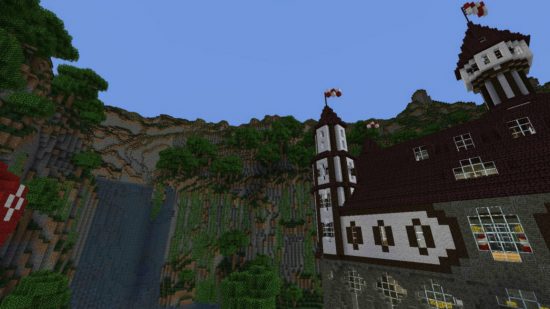 Best Minecraft maps - Castle Verilian of Aeritus stands inside a valley with a waterfall.