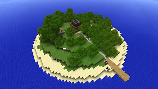 Best Minecraft maps- a small island with a house and a dock in the Enigma Island map. It has two cows, two pigs, and a sheep.