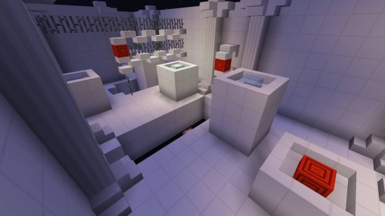 Best Minecraft maps - the Fireworks Parkour map has lots of cube-like structures, with some cubes coloured in red.