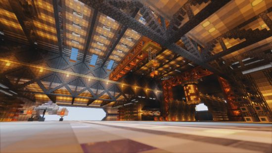Best Minecraft maps - a hangar with a harrier jet about to take off in Future City.