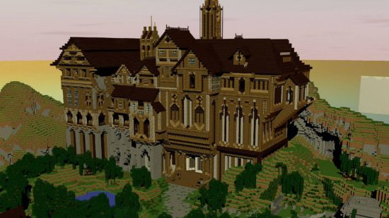 Best Minecraft maps - Herobrine's Mansion is a large house built on top of a hill, surrounded by trees and caves.