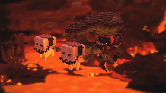 Best Minecraft maps - two Ghasts pulling a blimp in the Nether in the Herobrine's Return map.