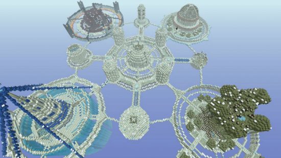 بهترین نقشه های Minecraft - نقشه Kingdom of the Sky دارای چهار منطقه است که توسط یک منطقه پنجم در وسط به هم وصل شده اند. هر منطقه دارای یک موضوع عنصر است