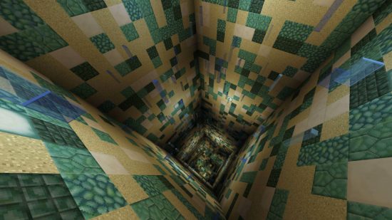 Najlepsze mapy Minecraft - Pit z dużą ilością turkusowych bloków na mapie Droppers z wieloma trudnościami