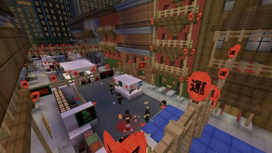 بهترین نقشه های Minecraft - تعداد زیادی از بازیکنان که در شهری که با فانوس های قرمز در Endgame Payday 2 تزئین شده اند ، به یکدیگر شلیک می کنند