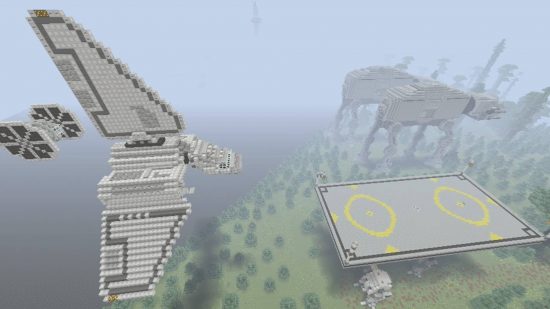 Best Minecraft maps - an Imperial warship and a TIE fighter landing on a green planet in the Star Wars map. Two AT-ATs are walking to the right.