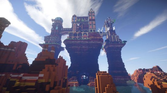 Best Minecraft maps - a Steampunk Castle standing on top of three pillars in the middle of a desert.