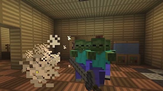 Najlepsze mapy Minecraft - horda zombie atakującej gracza uzbrojonego tylko w miecz na mapie horroru przetrwania