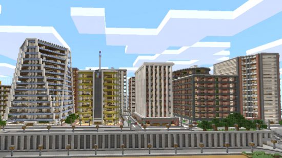 Beste Minecraft -kaarten - veel appartementsgebouwen met betonnen pilaren in Tazader City