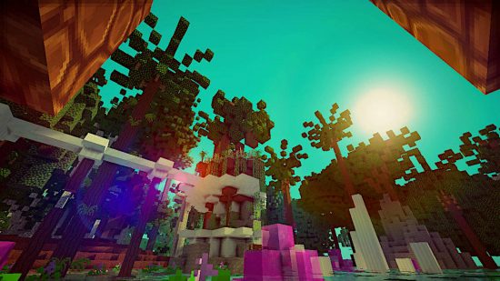Najlepsze mapy Minecraft - mapa teramii ma duże palmy i fioletowe fontanny wodne