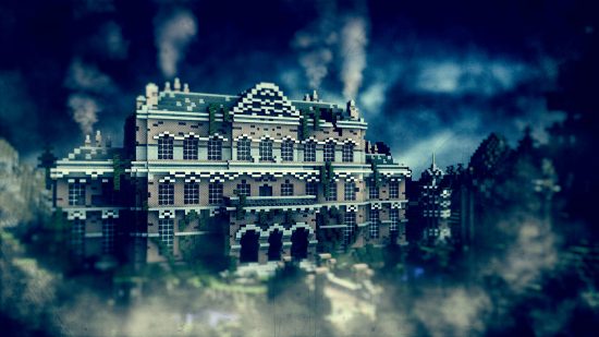 Best Minecraft maps - a spooky looking mansion shrouded in fog in The Asylum map.