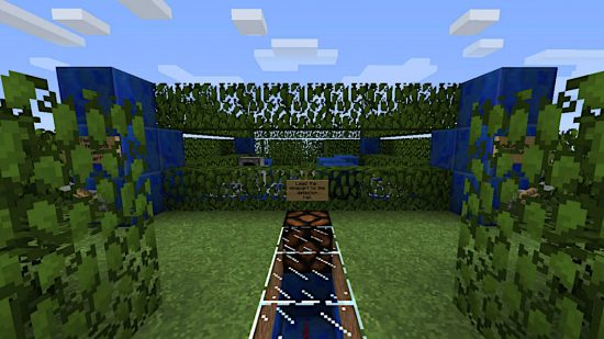 Best Minecraft maps - a sign that says "Lead the minecraft to the deflector pad" next to glass blocks in a maze in The Puzzle Cube map.