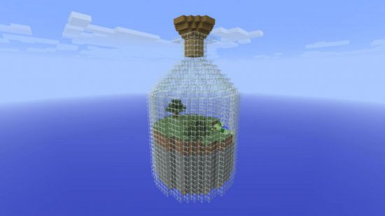 Best Minecraft maps - a small world with only a couple of trees stuck inside of a glass jar.