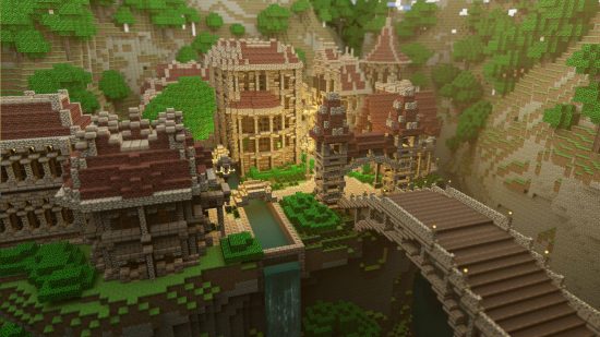 Best Minecraft maps - a town in the Wrath of the Fallen map, built into a valley.