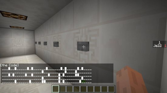 Best Minecraft maps - the Code map has the player solving a puzzle with buttons in an encased room.