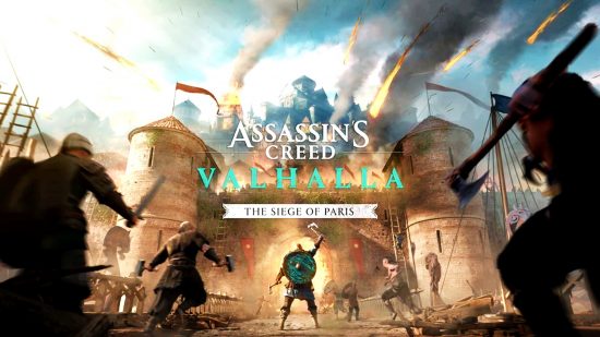The AC Valhalla Siege of Paris key art, showing Eivor standing in front of a castle, ready to fight.