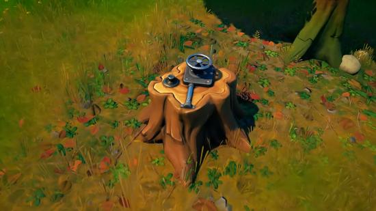 One of the Fortnite dead drops. It looks like a tree stump with a wheel locking mechanism.